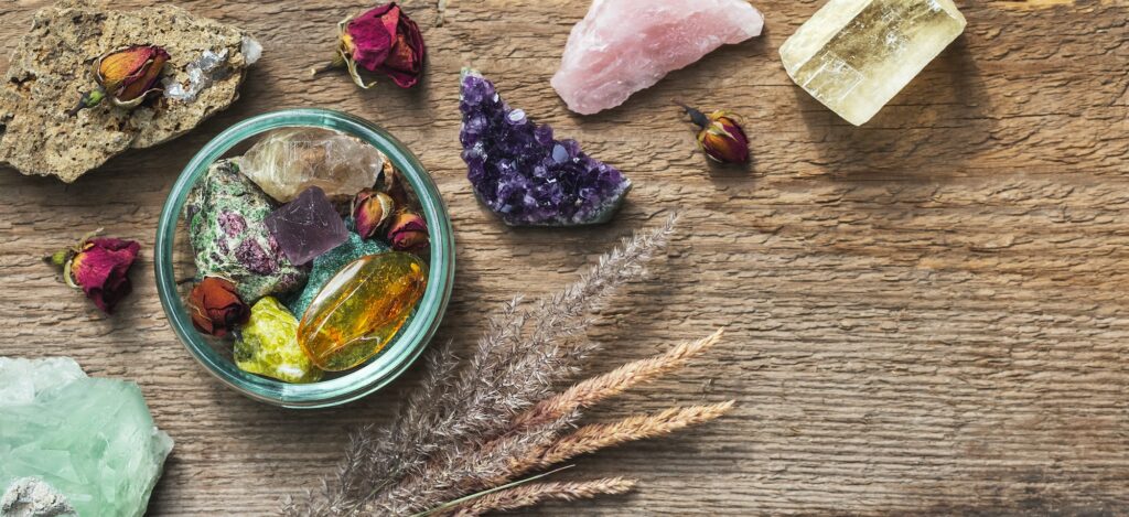 Stones and minerals set up for healing therapy